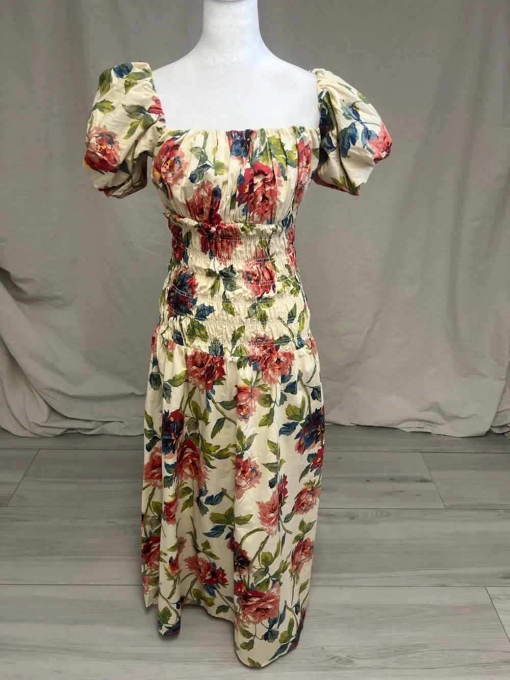 Anthropologie Floral Maxi Dress Puff Sleeve Smocked Sz XS Cottagecore Boho Cream - Picture 3 of 11